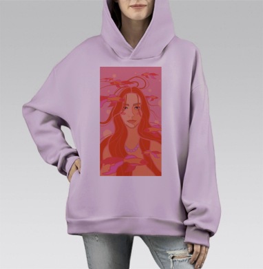 Девушка рыбки плавность коралловые оттенки, Hoodie Mono Fiolet, оверсайз, утепленная