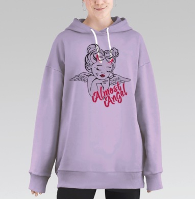 Девушка с крыльями и рогами Почти Ангел на белом фоне, Hoodie Long Oversize Fiolet