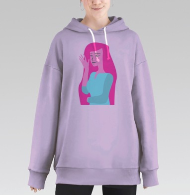 Девушка с розовыми волосами машет рукой приветственно, Hoodie Long Oversize Fiolet