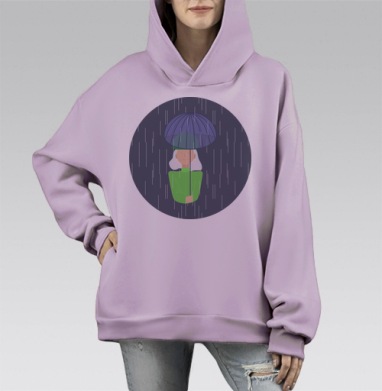 Девушка с зонтом под дождем спокойствие защита под зонтом, Hoodie Mono Fiolet, оверсайз, утепленная