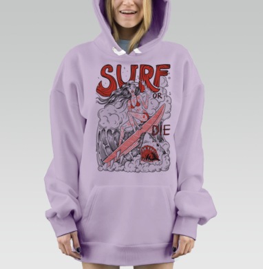 Девушка Серфер На Волне С Акулами Surf Or Die, Hoodie Mjhigh Dig Mel, Fiolet, утепленная