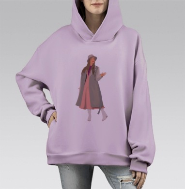 Девушка в нежном пальто и шляпе в спокойных тонах, Hoodie Mono Fiolet, оверсайз, утепленная