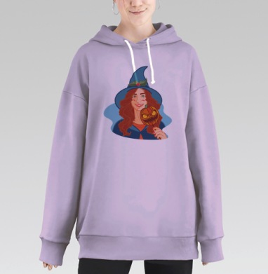 Девушка в синей шляпе держит злую маску тыквы для, Hoodie Long Oversize Fiolet