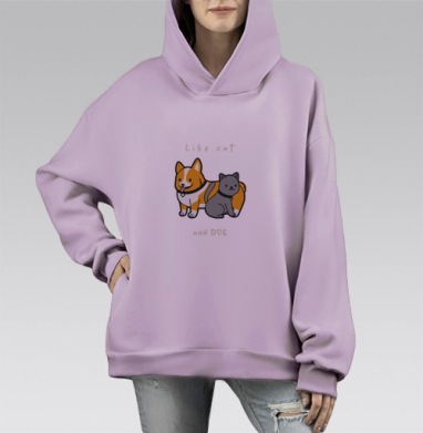 Дружба кота и собаки в забавной минималистичной сцене, Hoodie Mono Fiolet, оверсайз, утепленная