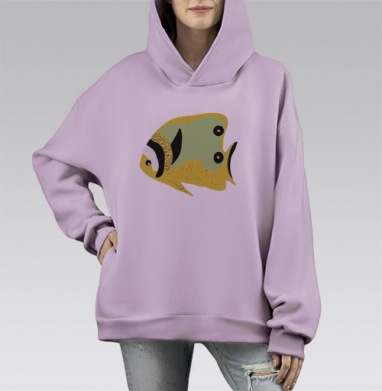Жёлтая зелёная рыба с чёрными элементами на сером фоне, Hoodie Mono Fiolet, оверсайз, утепленная