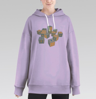 Желтые кубики с буквами на сером фоне играют вместе, Hoodie Long Oversize Fiolet