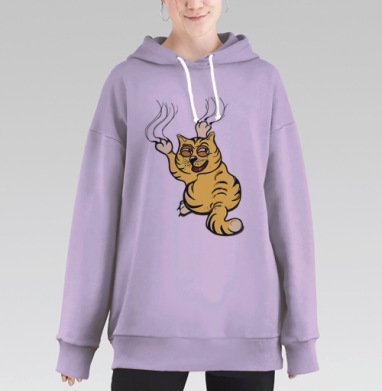 Жёлтый кот точит когти в хитрой игре на светлом фоне, Hoodie Long Oversize Fiolet