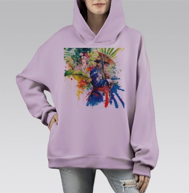 Женщина с цветами и воин в восточном стиле на сером фоне, Hoodie Mono Fiolet, оверсайз, утепленная