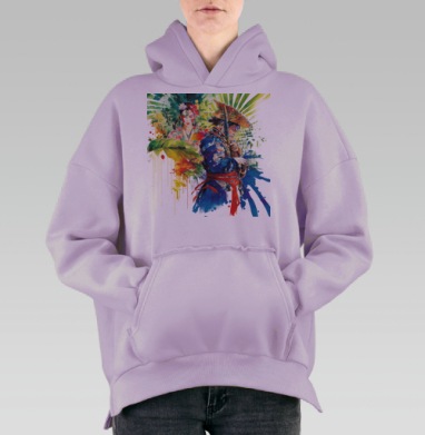Женщина с цветами и воин в восточном стиле на сером фоне, Hoodie Oversize Fiolet, утепленная