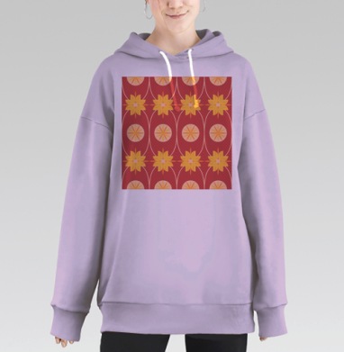 Геометрические рыжие цветы на красном фоне на красном фоне, Hoodie Long Oversize Fiolet