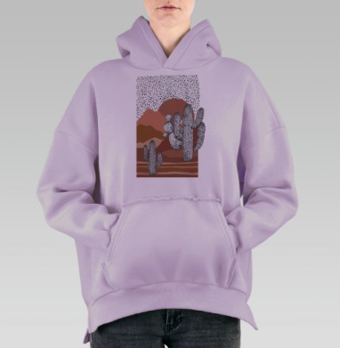 Кактусы на фоне гор и солнца в пустыне его путь, Hoodie Oversize Fiolet, утепленная