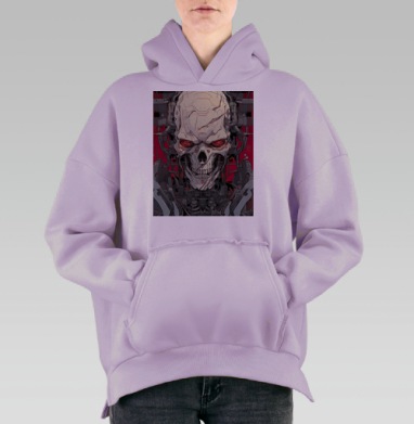Киберпанк череп с красными глазами и проводами киберпанк череп арт, Hoodie Oversize Fiolet, утепленная