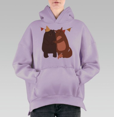 Коричневый медведь и рыжая лиса обнимаются, Hoodie Oversize Fiolet, утепленная