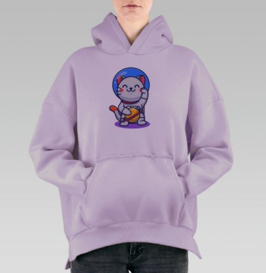 Кот космонавт держит планету в скафандре милый космос, Hoodie Oversize Fiolet, утепленная