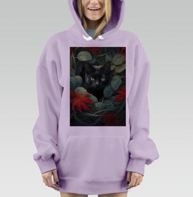 Кот в зеленой листве с красными листьями Кот в листве, Hoodie Mjhigh Dig Mel, Fiolet, утепленная