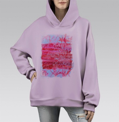 Красно розовый флористический узор на сером фоне, Hoodie Mono Fiolet, оверсайз, утепленная