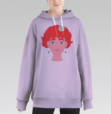 Красноволосая девушка с цветком нежная и современная, Hoodie Long Oversize Fiolet