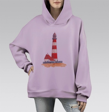 Красный белый маяк на берегу песчаном, Hoodie Mono Fiolet, оверсайз, утепленная