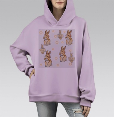 Кролики с чаем и любовью теплое настроение теплое настроение, Hoodie Mono Fiolet, оверсайз, утепленная
