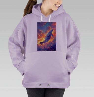 Летающий фэнтези кит в динамичном воздушном полёте, Hoodie Oversize Fiolet