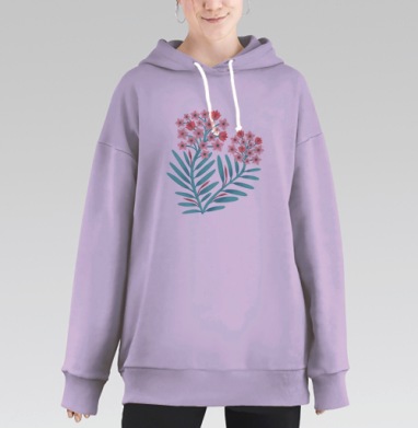 Летние ветви с нежными розовыми цветами узор, Hoodie Long Oversize Fiolet