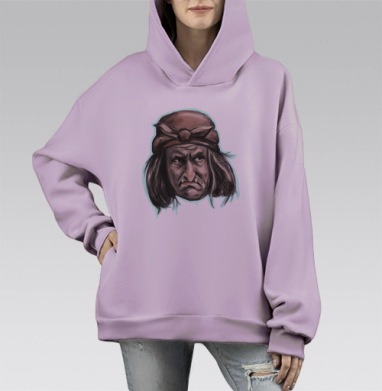 Лицо Бабы Яги с мрачным взглядом на сером фоне, Hoodie Mono Fiolet, оверсайз, утепленная