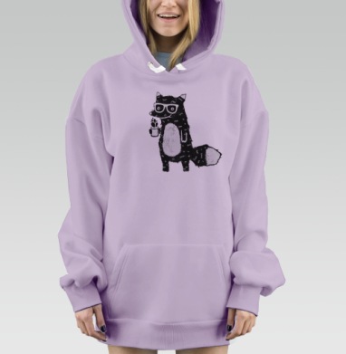 Стилизованный лис с чашкой кофе в очках, Hoodie Mjhigh Dig Mel, Fiolet, утепленная
