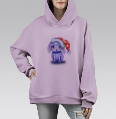 Любопытный сиреневый зайчик в рождественской шапке зимние моменты, Hoodie Mono Fiolet, оверсайз, утепленная