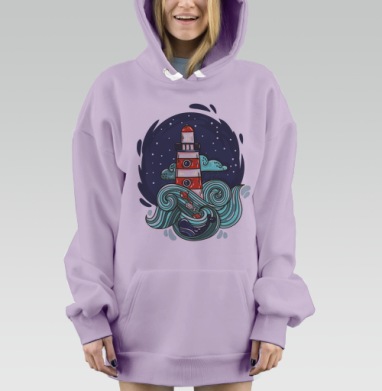 Стильный арт маяка с китом и волнами, Hoodie Mjhigh Dig Mel, Fiolet, утепленная
