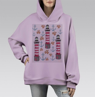 Маяк якоря кораллы красные белые серые голубые на белом фоне, Hoodie Mono Fiolet, оверсайз, утепленная