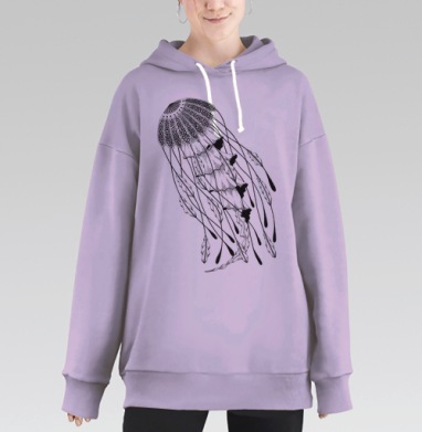 Медуза черно белая высокодетальная графика, Hoodie Long Oversize Fiolet