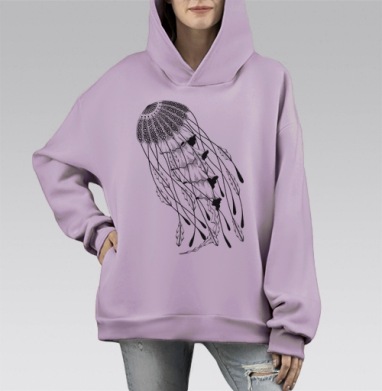 Медуза черно белая высокодетальная графика, Hoodie Mono Fiolet, оверсайз, утепленная