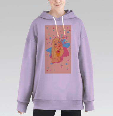 Милая девушка с вишневым мороженым держит рожок летом, Hoodie Long Oversize Fiolet