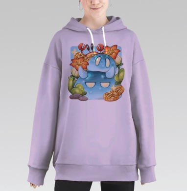 Милые слаймы и краб в цветущем саду, Hoodie Long Oversize Fiolet