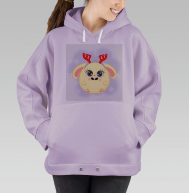 Милый желтый зверек с красными рожками среди белых снежинок, Hoodie Oversize Fiolet