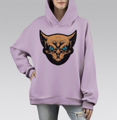 Мистический взгляд кошки в голубых глазах лица кошки, Hoodie Mono Fiolet, оверсайз, утепленная