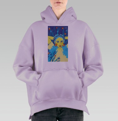 Молодая девушка с цветочным венком на лугу на лугу, Hoodie Oversize Fiolet, утепленная