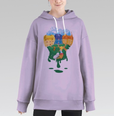 Молодая женщина с лисёнком на зеленом холме ползает на траве, Hoodie Long Oversize Fiolet