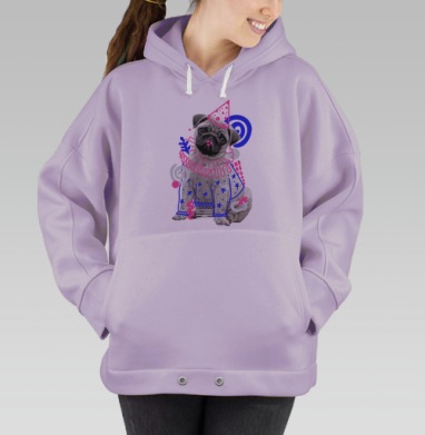 Мопс в карнавальном костюме с яркими элементами и живым стилем, Hoodie Oversize Fiolet