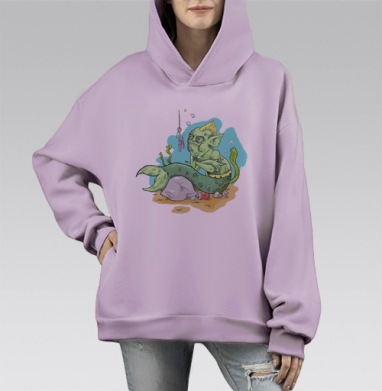 Морской гоблин у камня указывает на приманку на крючке, Hoodie Mono Fiolet, оверсайз, утепленная