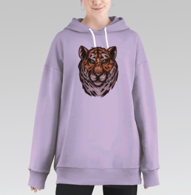 Мощная голова тигра в рыжих и коричневых тонах, Hoodie Long Oversize Fiolet