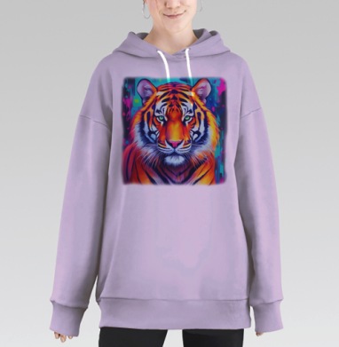 Мощный оранжевый тигр в ярких неоновых оттенках, Hoodie Long Oversize Fiolet