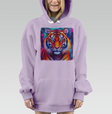 Мощный оранжевый тигр в ярких неоновых оттенках, Hoodie Mjhigh Dig Mel, Fiolet, утепленная