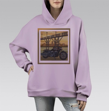 Мотоцикл у моста на закате городской пейзаж, Hoodie Mono Fiolet, оверсайз, утепленная