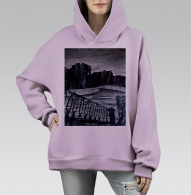 Мрачный Питерский канал холодный уютный день, Hoodie Mono Fiolet, оверсайз, утепленная