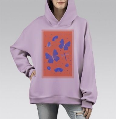 Насекомые на оранжевом фоне яркие бабочки стрекоза, Hoodie Mono Fiolet, оверсайз, утепленная