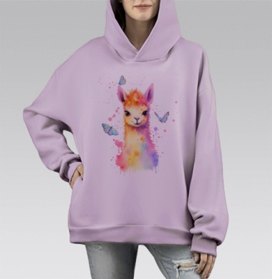 Нежная лама с бабочками в пастельных нежных тонах, Hoodie Mono Fiolet, оверсайз, утепленная