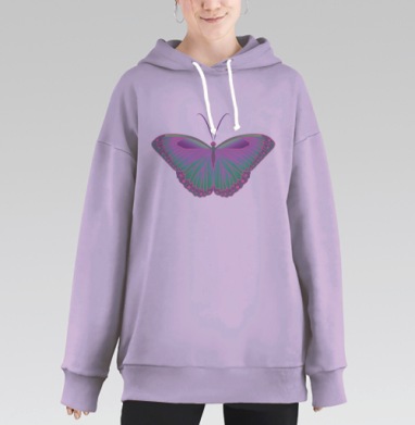 Нежная сиреневая бабочка с крыльями в ярких зеленых оттенках, Hoodie Long Oversize Fiolet