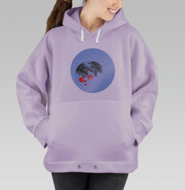 Новогодняя ветка с украшениями на голубом фоне зимнего вечера, Hoodie Oversize Fiolet