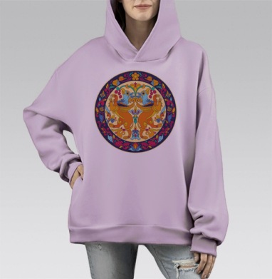 Оранжевые грифоны с синими элементами русских узоров, Hoodie Mono Fiolet, оверсайз, утепленная